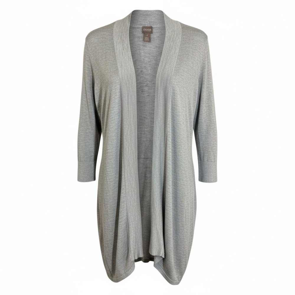 Chicos Hollie Cardigan 3/4 Sleeve 1 M Medium 8 Gray‎ Open Front Sweater Duster